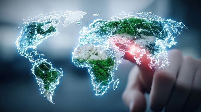 Global digital interaction map virtual environment interactive technology futuristic viewpoint connectivity concept