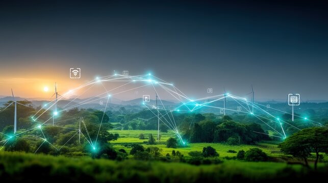 Harnessing renewable energy wind farms and smart technology integration in nature digital landscape futuristic view sustainable development
