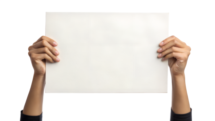 Hands holding a blank white sign isolated on white background for advertising and announcements
