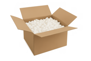 Open cardboard shipping box with packing peanuts, securing fragile items for safe delivery and moving concepts