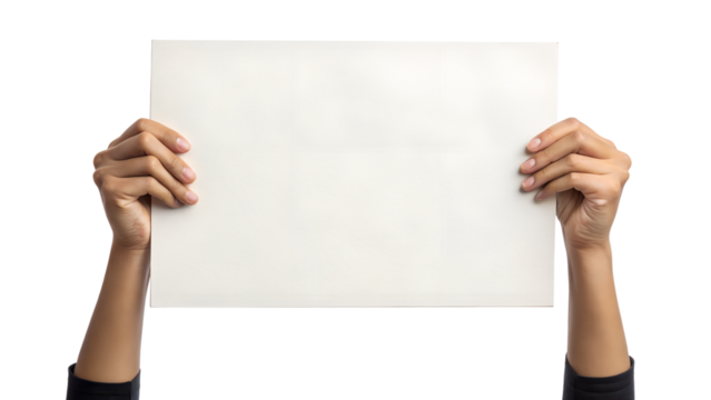 Hands holding a blank white sign isolated on white background for advertising and announcements - Powered by Adobe