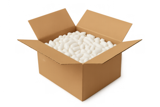 Open cardboard shipping box filled with white packing peanuts, ready for delivering fragile goods, transparent background