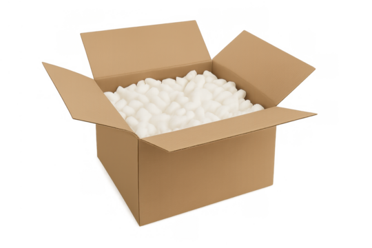 Open cardboard shipping box with packing peanuts, securing fragile items for safe delivery and moving concepts