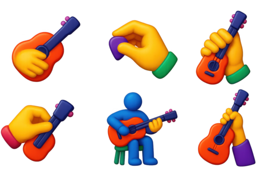 Set of six hand-drawn images of people playing guitars