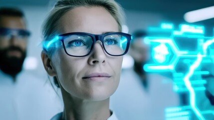 Innovative scientist analyzing data in high-tech lab futuristic environment professional perspective focus on technology and research