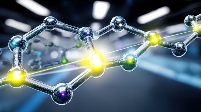 Molecular structure visualization scientific research lab digital art futuristic environment close-up view chemistry concepts