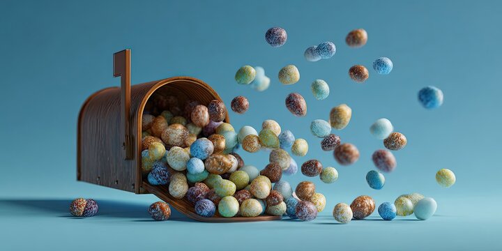 Colorful Easter Eggs Falling from Overflowing Chestnut Mailbox on Light Blue Background