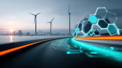 Sustainable energy revolution wind turbines and futuristic roads urban landscape digital art modern environment aerial view innovation