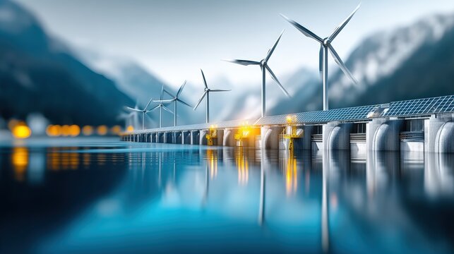 Harnessing renewable energy wind turbines and solar panels in a scenic mountain landscape eco-friendly technology tranquil waterscape inspirational view