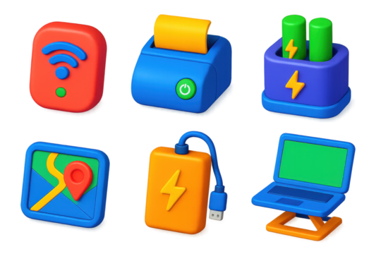 3D Mobile Tech Icons. 3D icon set of mobile library technology: hotspot device, mini printer, charging dock, route GPS, battery