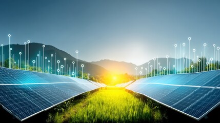 Harnessing renewable energy solar panels in a majestic mountain landscape at dawn nature photography eco-friendly environment vibrant viewpoint