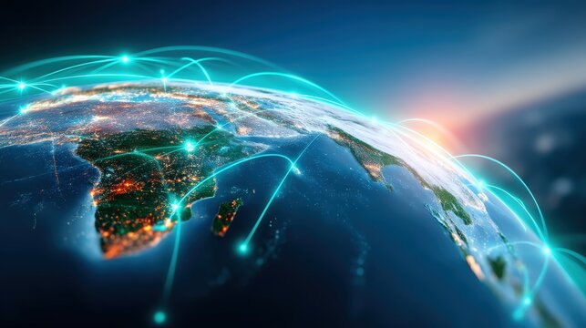 Global connectivity event digital network expansion planet earth infographic visualization high-tech environment aerial view future concepts