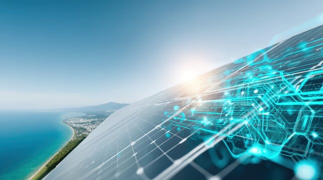 Innovative solar energy solutions coastal region digital art futuristic environment aerial view renewable energy concept - Powered by Adobe