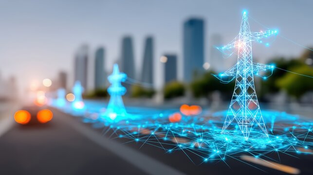 Innovative power grid management urban cityscape digital technology visualization futuristic environment aerial perspective energy solutions