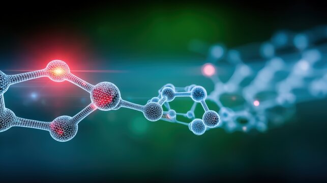 Molecular dynamics simulation of chemical reactions laboratory digital art abstract close-up scientific visualization