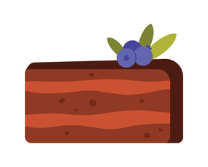 Isolated Austrian chocolate cake slice topped with blueberries and leaves on white background vector illustration