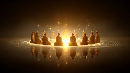 Meditation circle surrounded by a glowing aura, symbolizing calm, mindfulness, spiritual energy, focus, and serene, meditative ambiance.