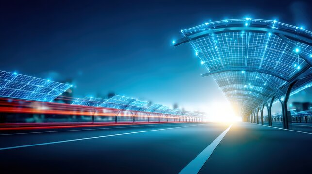 Solar-powered train station urban landscape night scene futuristic design electric transport sustainability concept - Powered by Adobe