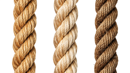 Three different twisted ropes isolated on white showing variations in color and texture ideal for nautical or rustic themes
