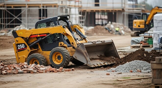 Yellow skid steer loader working on a construction site, moving dirt and gravel, with building framework in the background on a sunny day