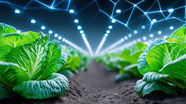 Innovative smart agriculture hydroponic lettuce farming urban environment high-tech farming techniques futuristic viewpoint sustainable practices