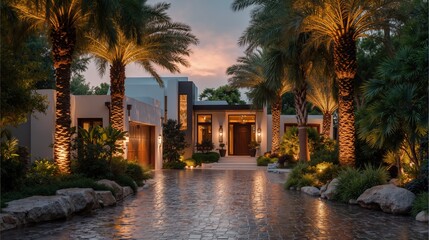 Luxurious modern house with palm trees and stone driveway at sunset
