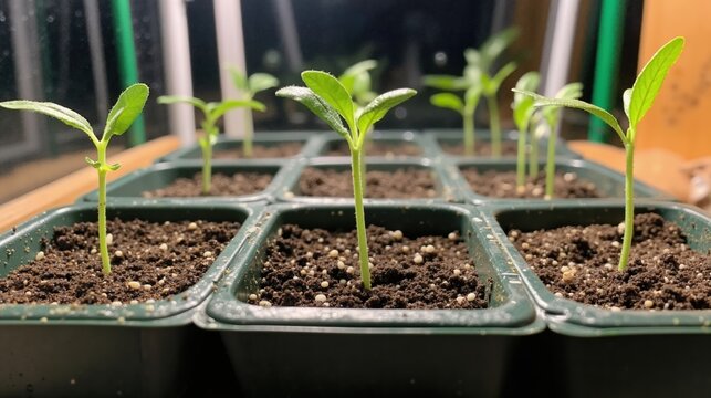 Young seedlings in indoor pots for gardening and sustainability enthusiasts