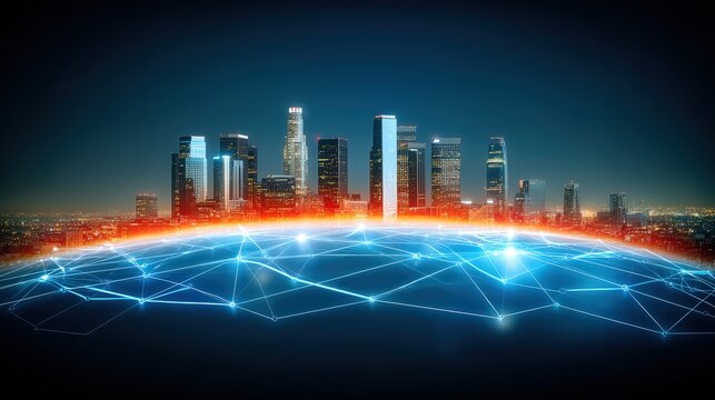 Urban connectivity revolution futuristic cityscape los angeles digital art nighttime aerial perspective technology integration