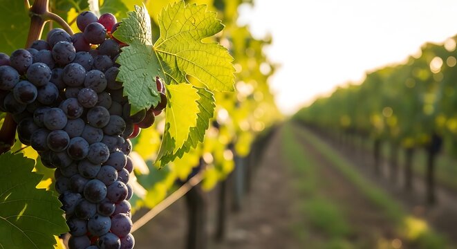 Closeup of ripe grapes on a vine in a vineyard, showcasing the fruits deep color and texture, with rows of vines stretching into the distance - Powered by Adobe