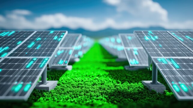 Solar energy adoption renewable energy farm technology landscape vibrant green environment close-up view sustainable future
