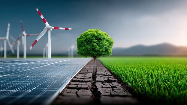 Renewable energy solutions solar and wind power integration sustainable landscapes green technology eco-friendly environment aerial view future concepts