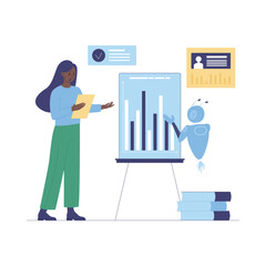 Human and robot working together on data analysis with charts in an isolated vector illustration