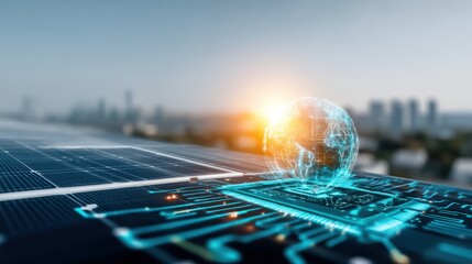 Innovative technology integration urban landscape digital art futuristic environment aerial view sustainability concept