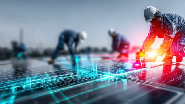 Renewable energy workers installing solar panels on rooftops urban environment photographic capture dynamic perspective sustainable future - Powered by Adobe