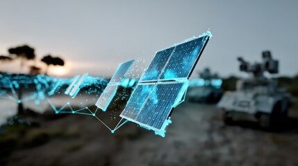 Innovative solar energy solutions military base digital art futuristic technology aerial perspective sustainable power concept