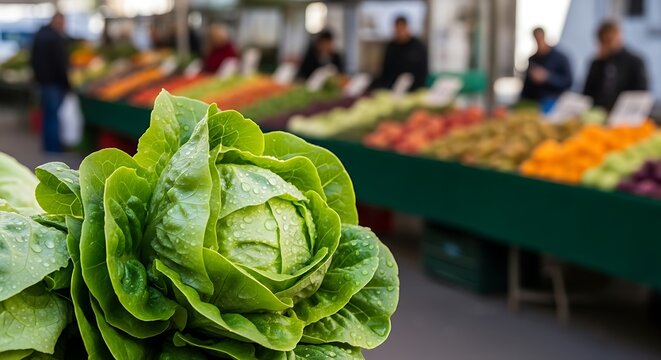 A fresh head of romaine lettuce sits in the foreground of a vibrant farmers market, showcasing an array of colorful fruits and vegetables - Powered by Adobe