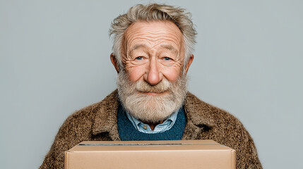 An elderly man holds a cardboard box on a white background. The concept of delivery, relocation, assistance, volunteering, postal services, packaging, and logistics.