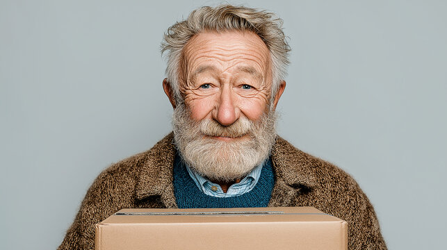 An elderly man holds a cardboard box on a white background. The concept of delivery, relocation, assistance, volunteering, postal services, packaging, and logistics.