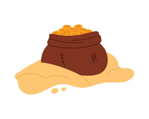 Isolated pirate money bag overflowing with gold coins on sand vector illustration