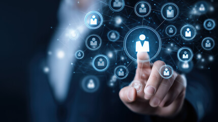 Human Resource Management Technology HR Manager Reviewing Digital CV Network Structure Online Recruitment System Selecting Perfect Employee Candidate for Company