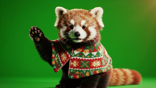 Charming Red Panda in Festive Sweater on Green Background.