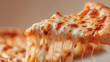 Close-up of a cheesy pizza slice being lifted, showing melted, stretchy mozzarella and a golden crust, photographed in warm studio lighting for appetizing food imagery.