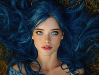 Obraz premium Young woman with vivid blue hair lying on grass, striking bright blue eyes and subtle freckles, wearing light blue top. Her expression is neutral and serene, surrounded by lush greenery