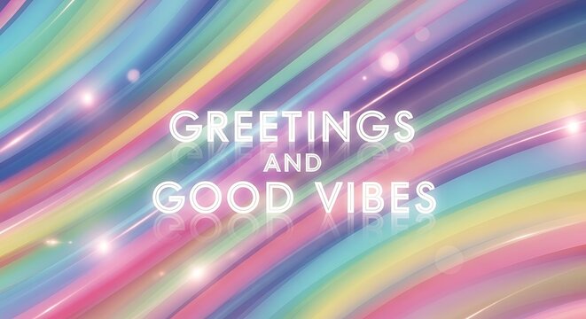 A vibrant and cheerful background with a rainbow of colors and the words greetings and good vibes in a bright, glowing font, perfect for spreading positivity