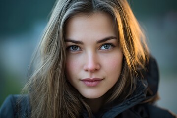 Young woman with long brown hair and blue eyes gazes confidently at camera, wearing a dark jacket; hair glows with soft sunlight. Her expression is calm and thoughtful