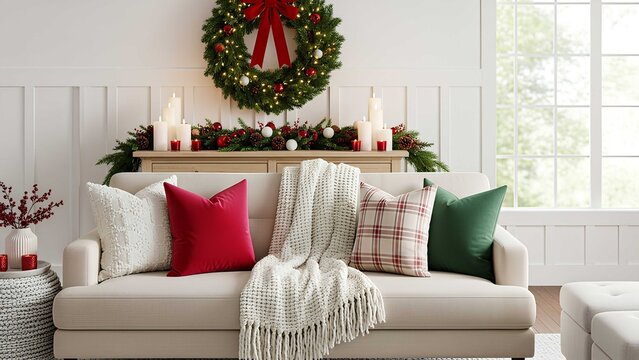 Cozy Christmas living room with festive pillows, wreath, garland, candles, and warm seasonal décor in a soft, inviting holiday atmosphere.