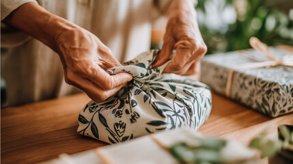 Grandmother's hands folding a reusable fabric wrapping for a gift, eco-friendly Christmas gift concept