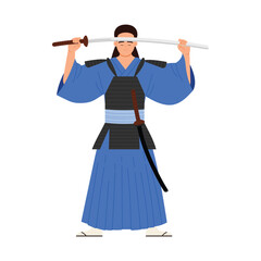 Traditional samurai in blue armor holding katana sword, standing isolated on white vector illustration