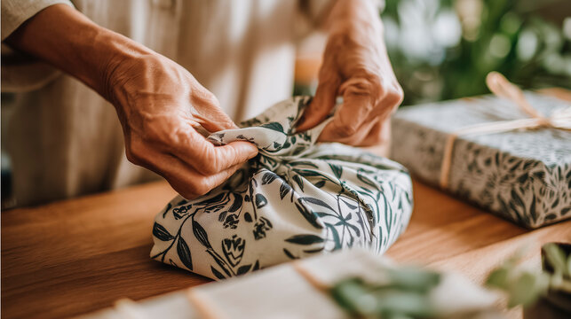 Grandmother's hands folding a reusable fabric wrapping for a gift, eco-friendly Christmas gift concept - Powered by Adobe
