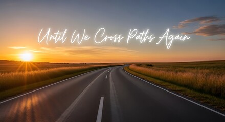 A long straight road stretches into the sunset, symbolizing journeys, farewells, and the promise of future reunions under a vibrant sky